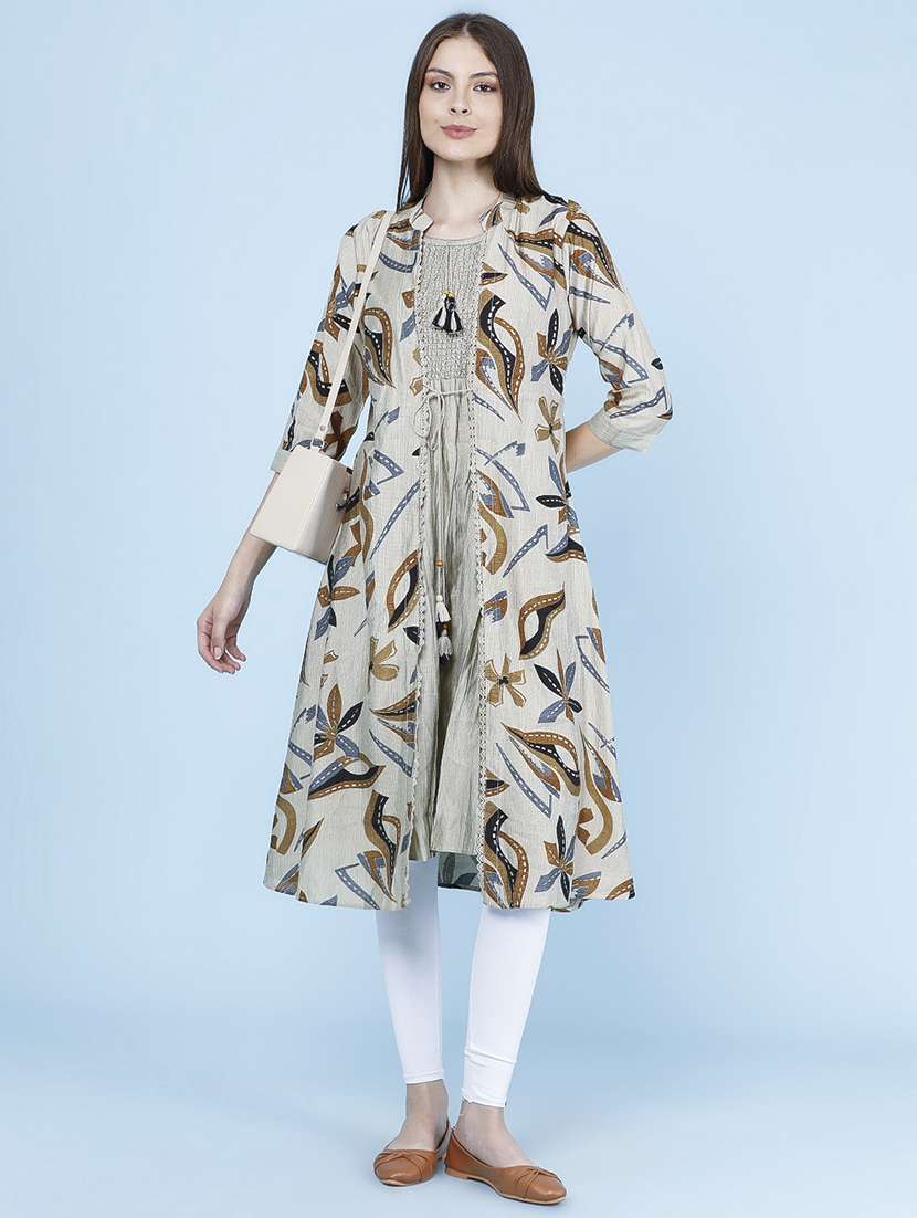 women printed three quarter sleeve kurta with jacket kurta