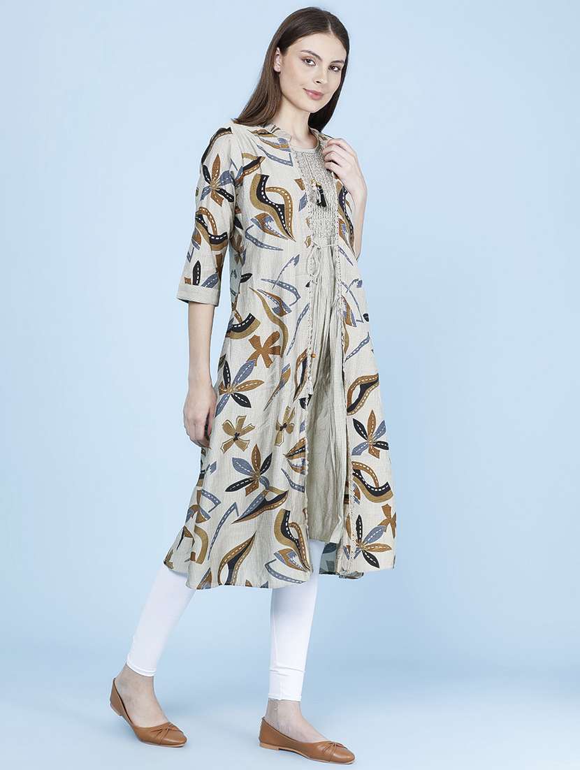 Women Printed Three Quarter Sleeve Kurta With Jacket Kurta - 22496317 -  Standard Image - 3