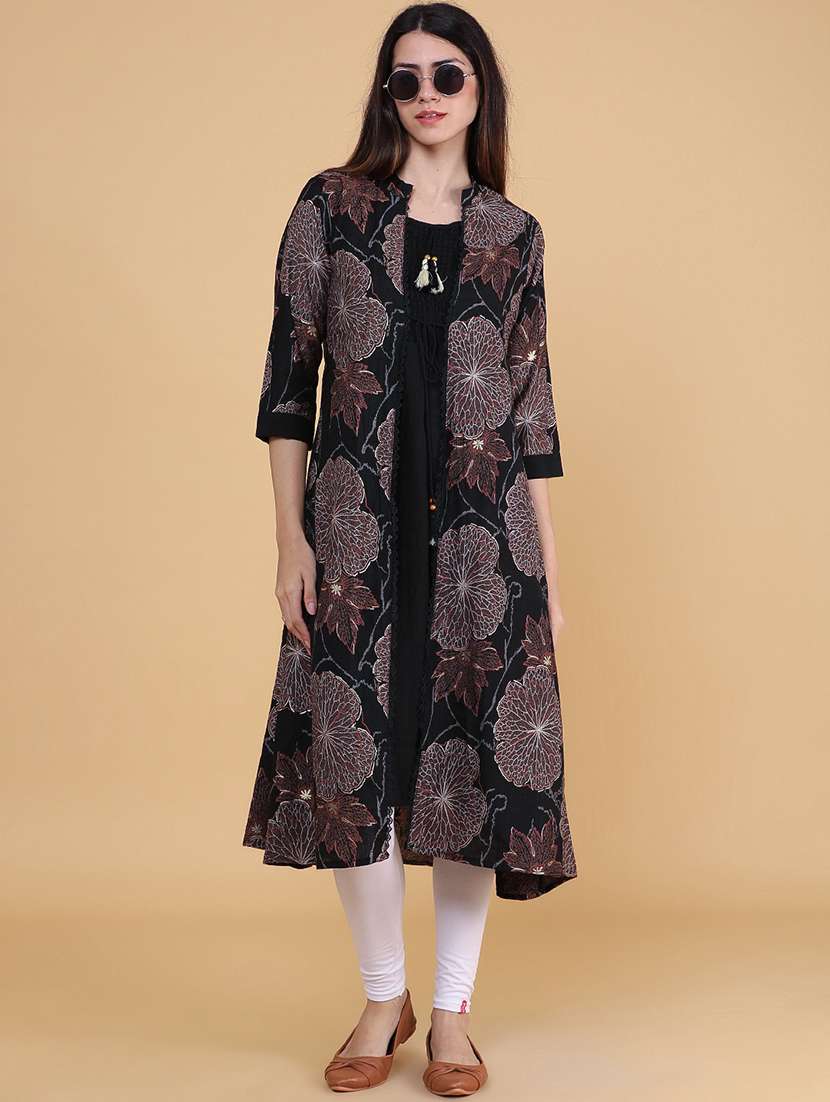 women printed three quarter sleeve kurta with jacket kurta