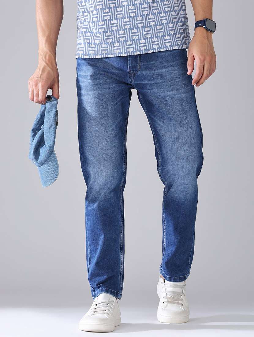 men washed mid rise full length tapered jeans