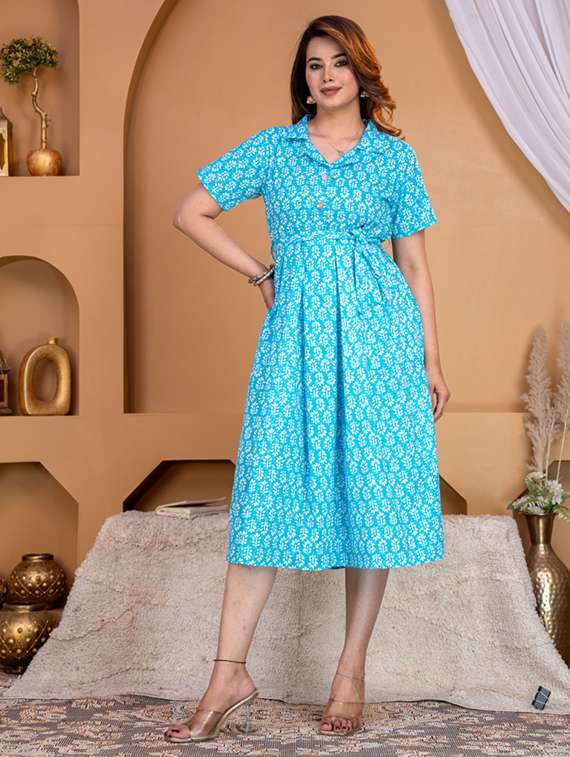 women printed short sleeves a-line midi dress