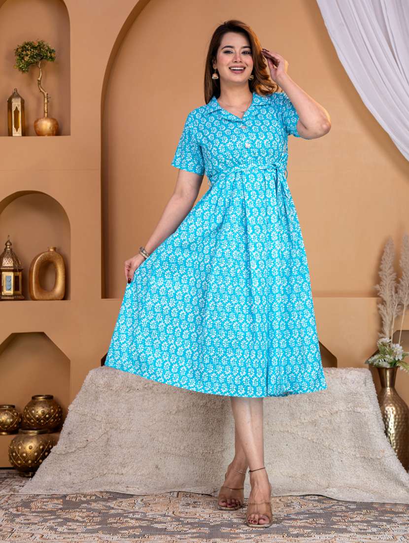 women printed short sleeves a-line midi dress