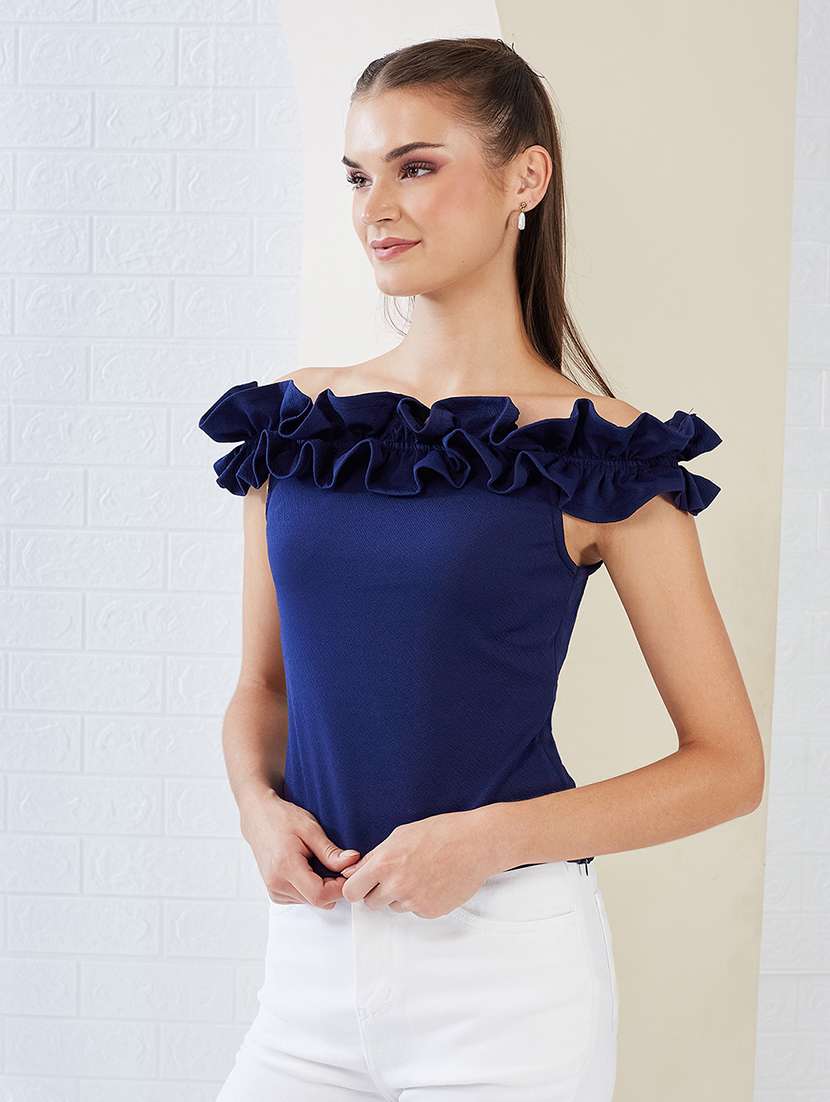 women solid off shoulder ruffle top - 22497472 -  Standard Image - 3