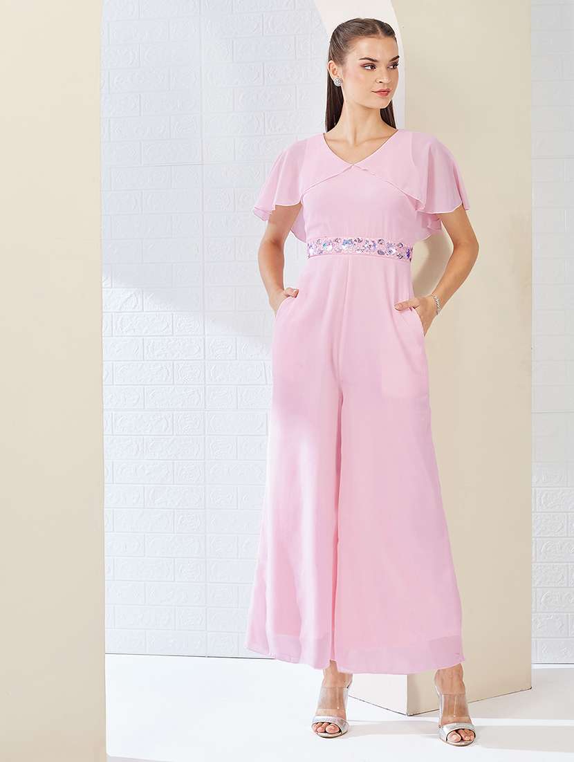 women solid v neck full length jumpsuit