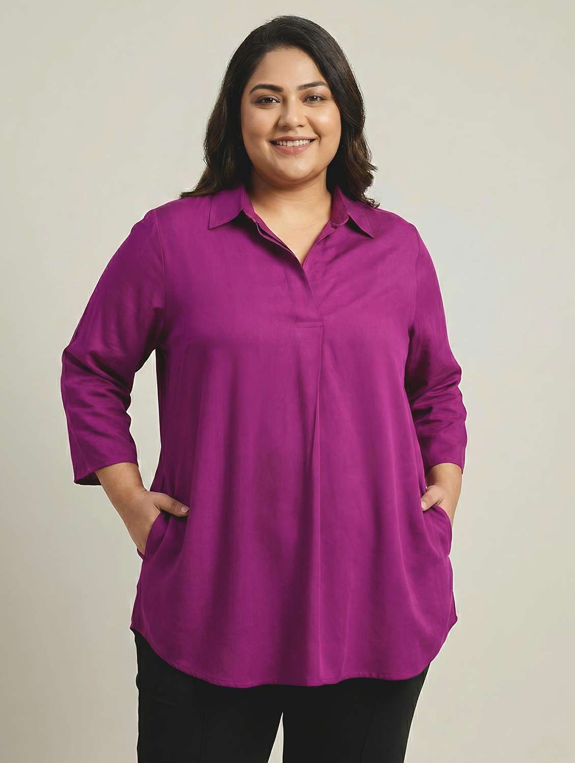 women solid three quarter sleeves shirt tunic
