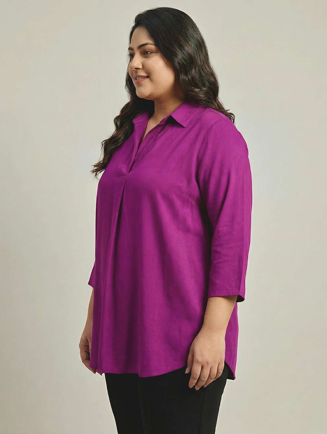 women solid three quarter sleeves shirt tunic - 22497490 -  Standard Image - 3