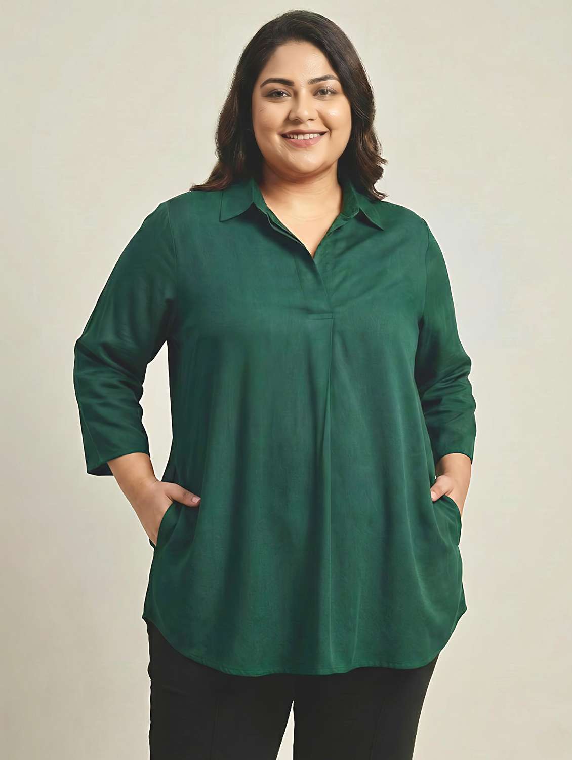 women solid three quarter sleeves shirt tunic