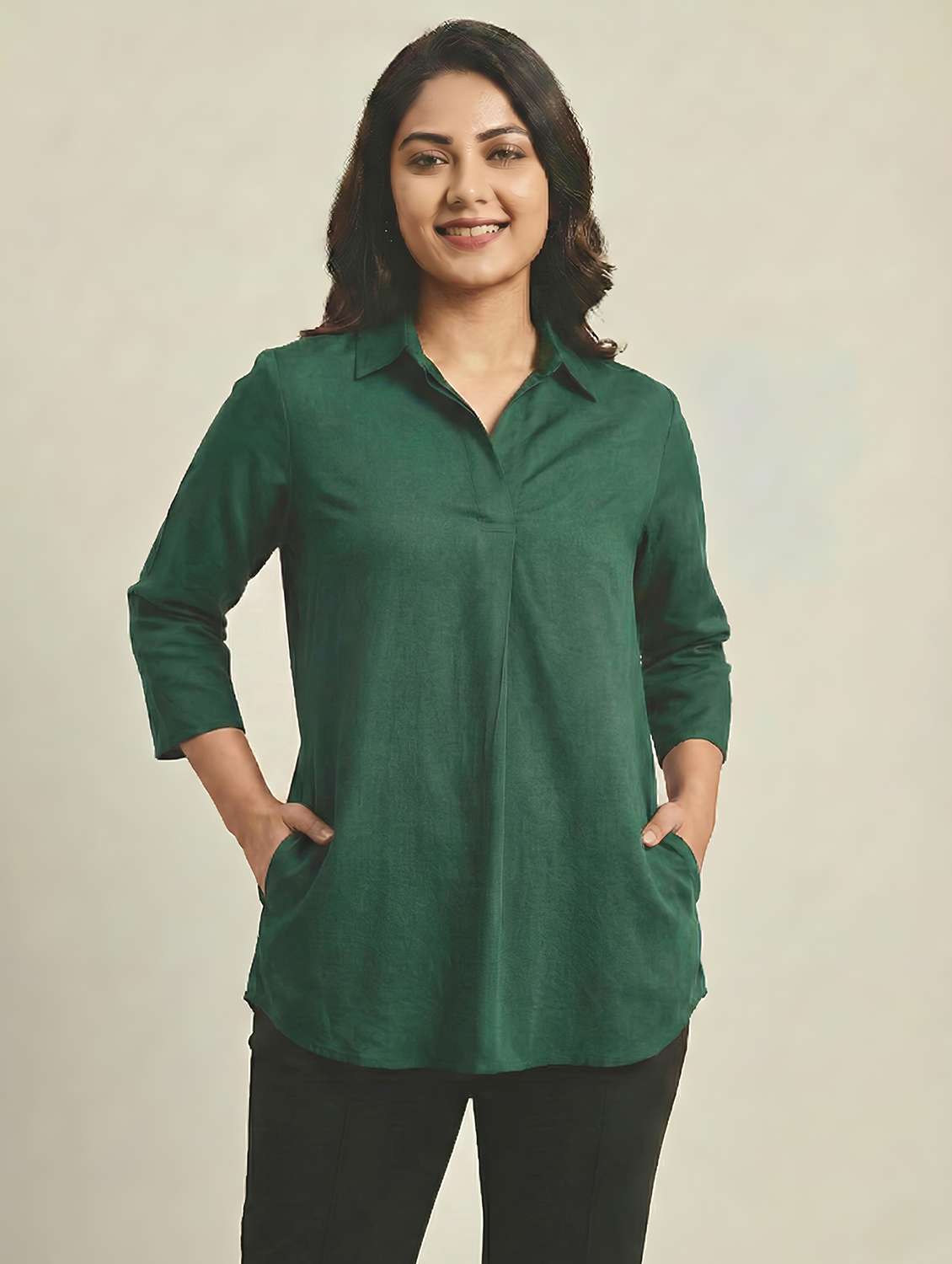 women solid three quarter sleeves shirt tunic