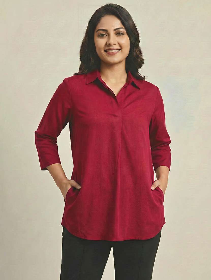 women solid three quarter sleeves shirt tunic