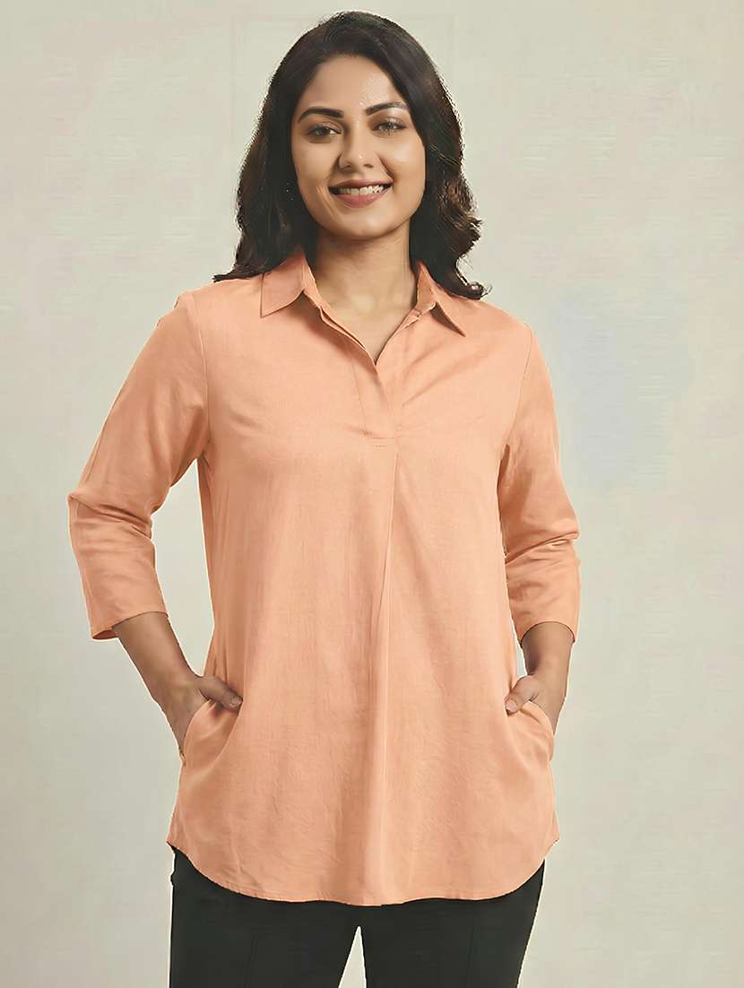 women solid three quarter sleeves shirt tunic