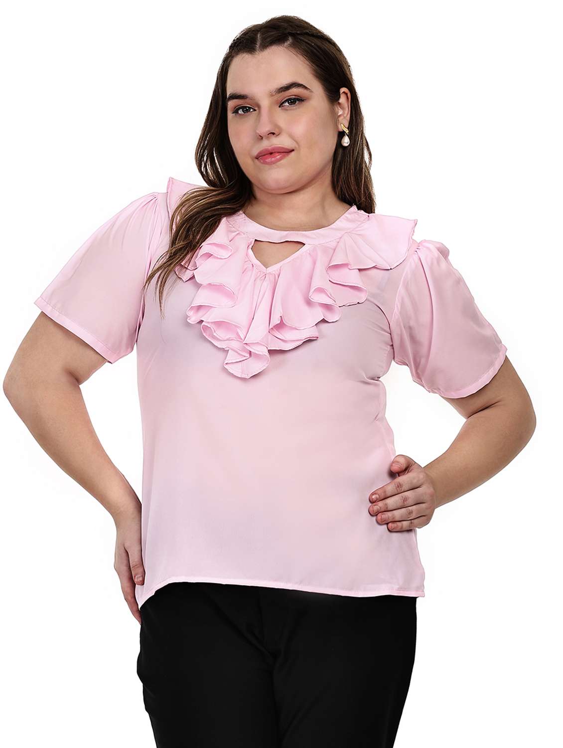 women solid key hole neck regular fit ruffle top 