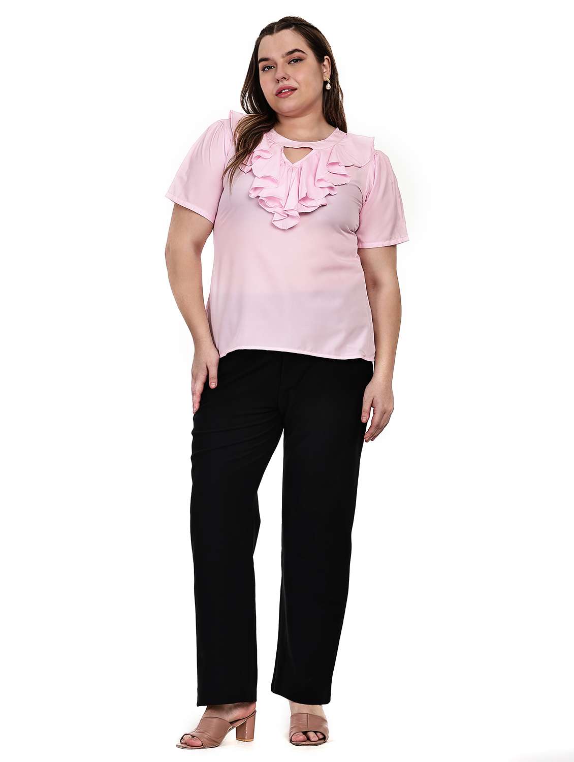 women solid key hole neck regular fit ruffle top  - 22497508 -  Standard Image - 5