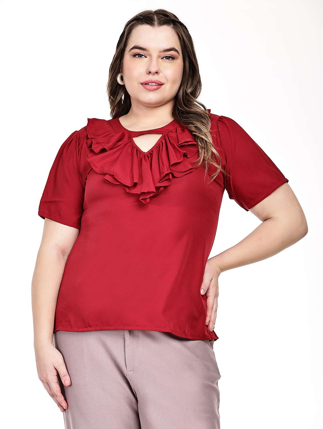 women solid key hole neck regular fit ruffle top 