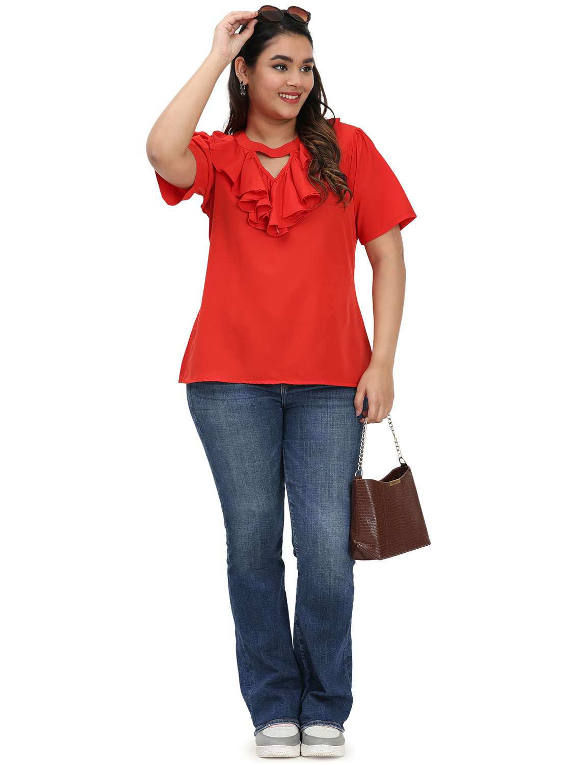 women solid short sleeves ruffle top - 22497510 -  Standard Image - 3