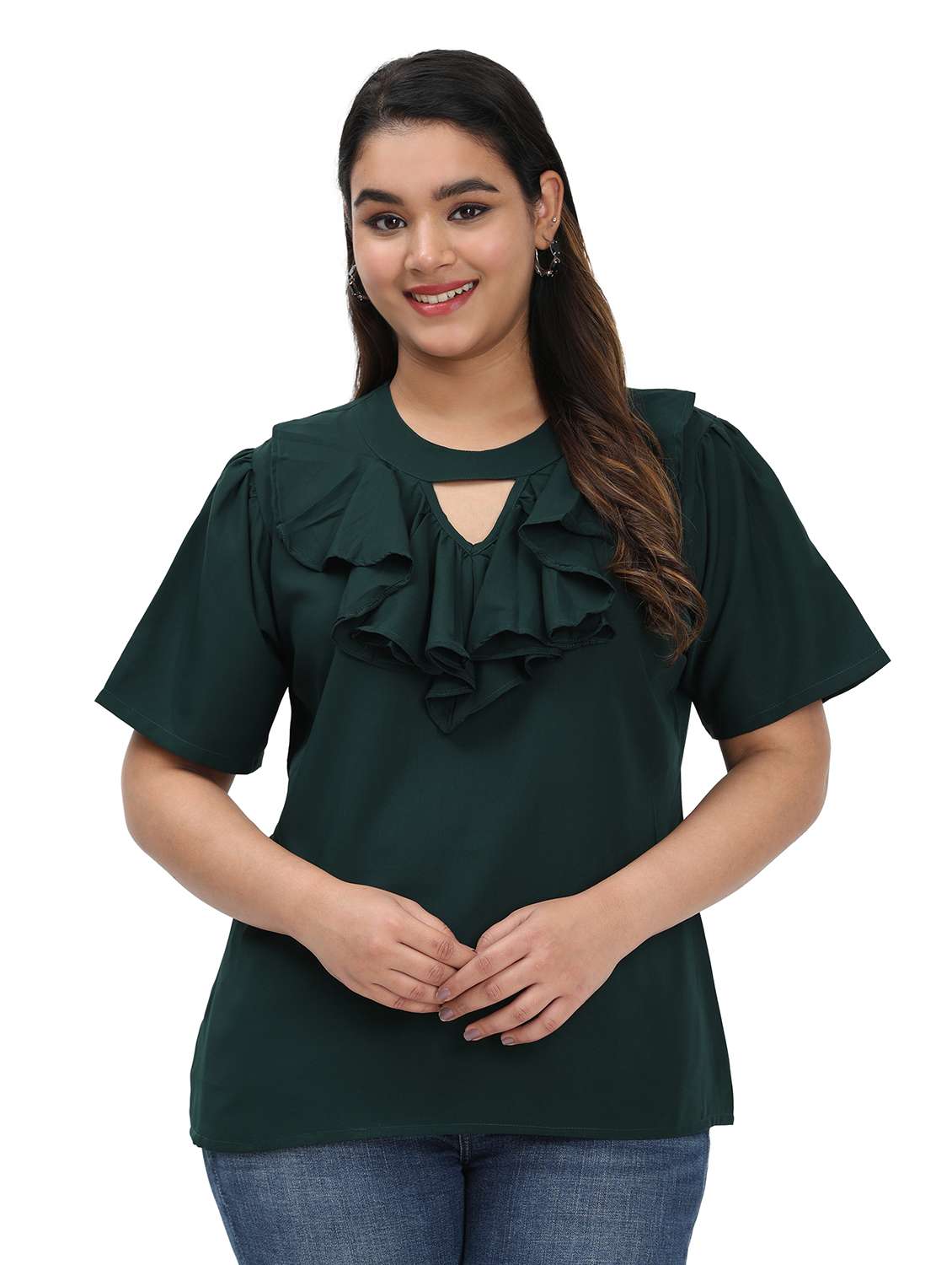 women solid key hole neck regular fit ruffle top 