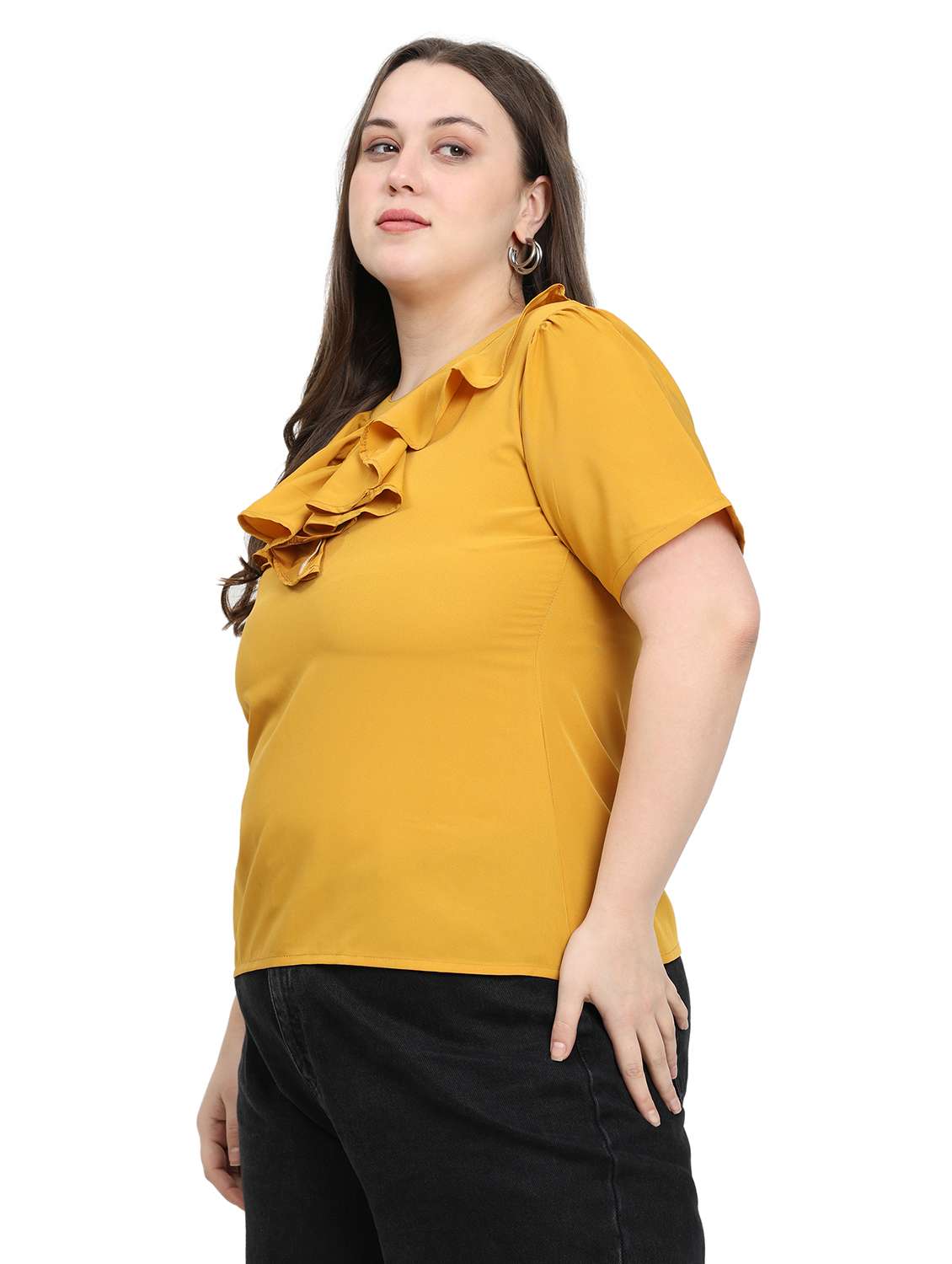women solid round neck regular fit ruffle top  - 22497512 -  Standard Image - 3
