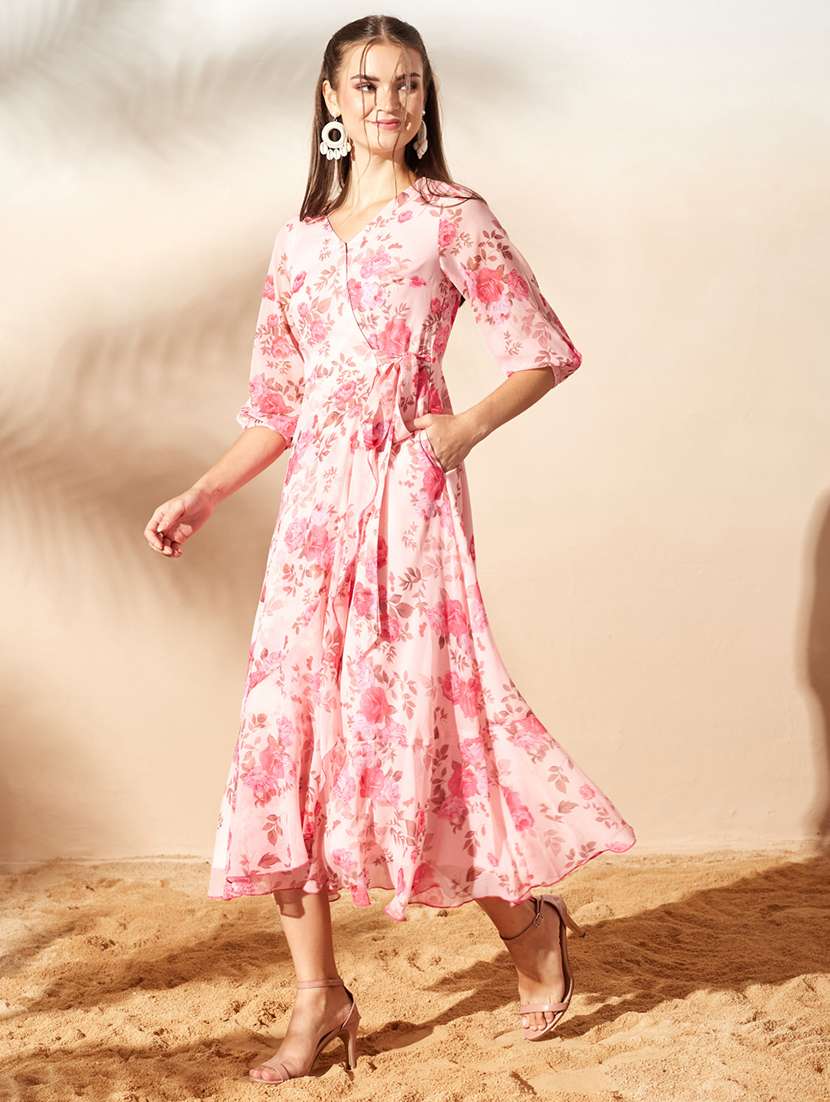 women printed three quarter sleeve wrap dress - 22497515 -  Standard Image - 3