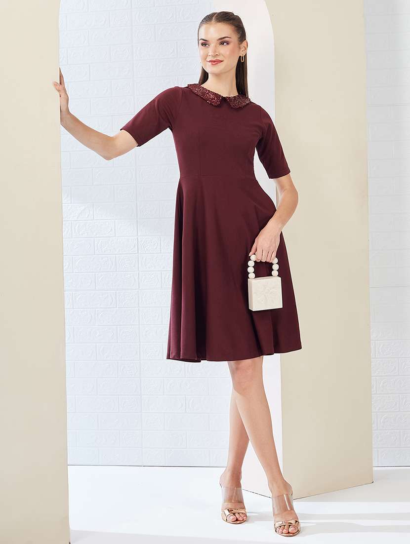 women solid short sleeve fit & flare dress