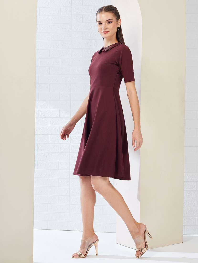 women solid short sleeve fit & flare dress - 22497519 -  Standard Image - 3