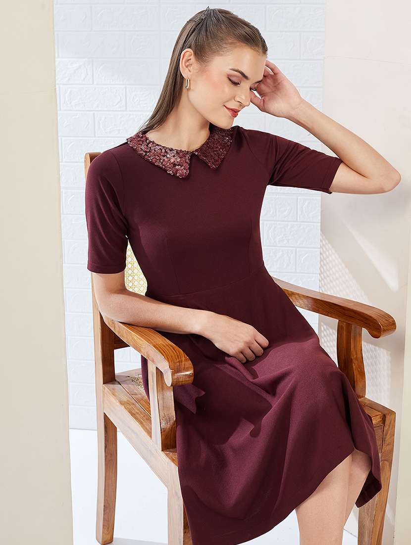 women solid short sleeve fit & flare dress - 22497519 -  Standard Image - 5