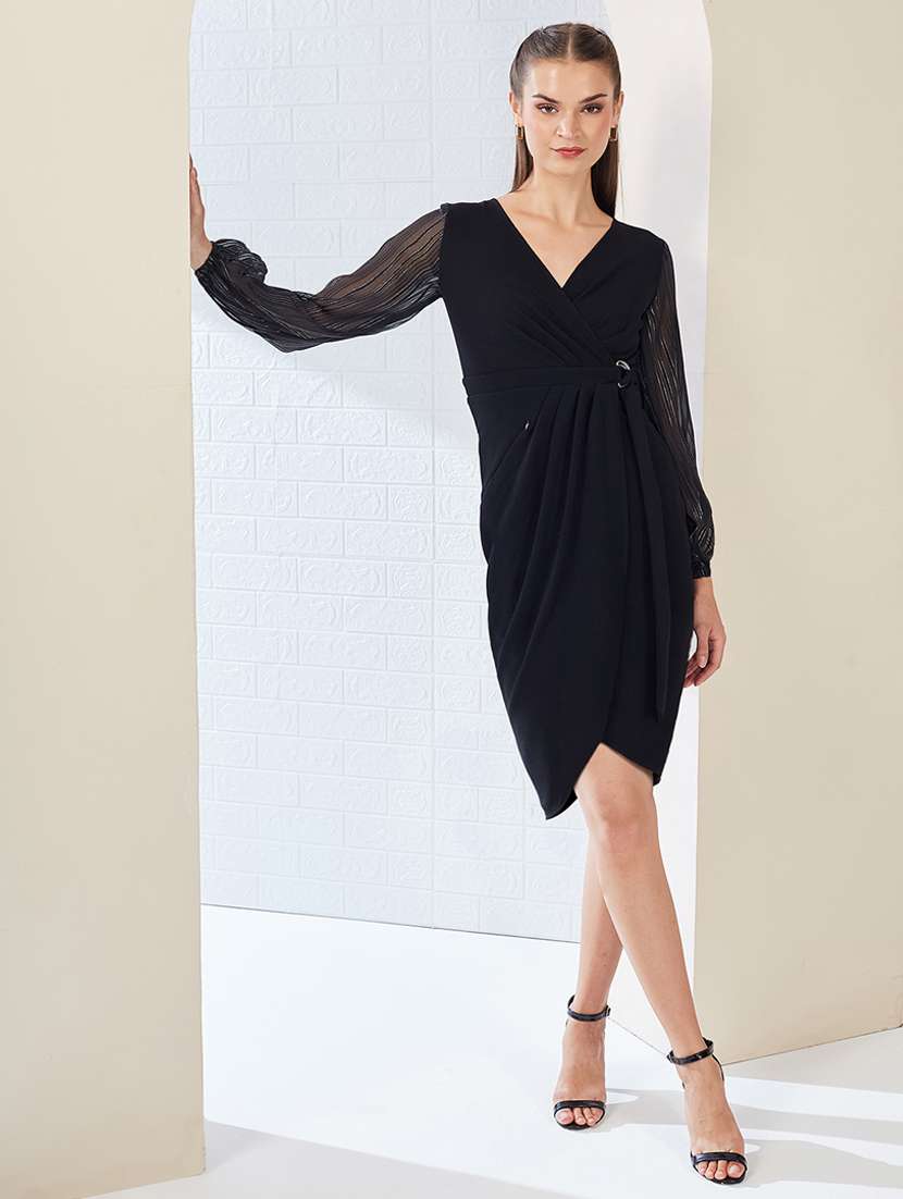 women solid long sleeve wrap dress - 22497525 -  Standard Image - 5