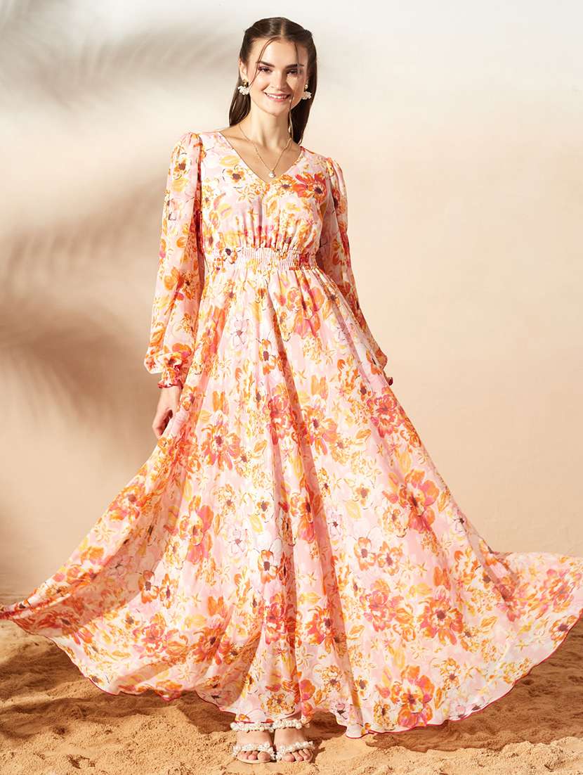 women printed puff sleeve maxi dress