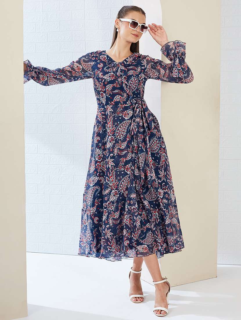 women printed long sleeve tiered dress