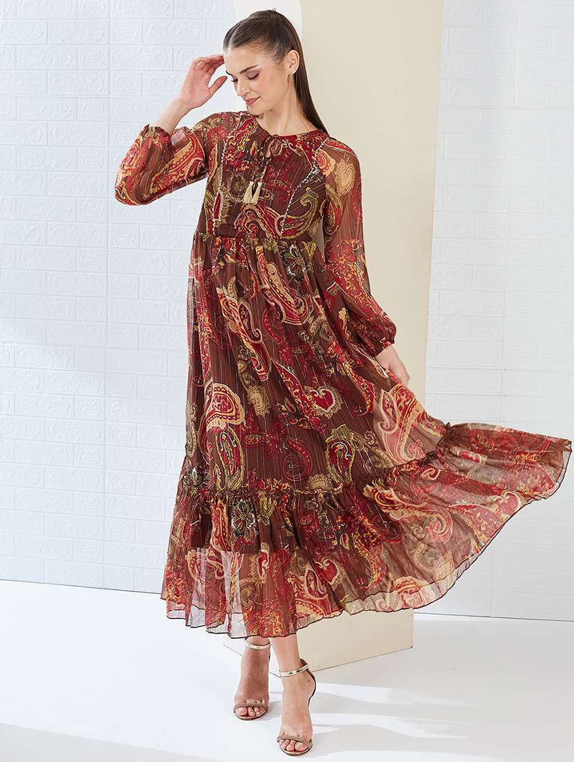 women printed long sleeve tiered dress
