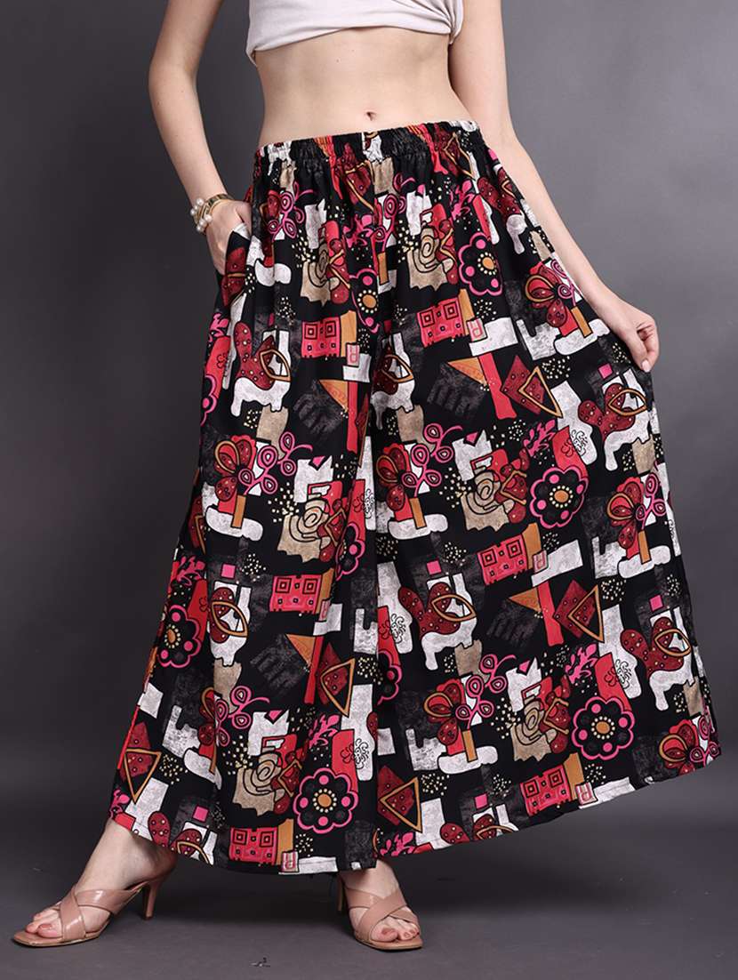 women printed mid rise flared palazzo