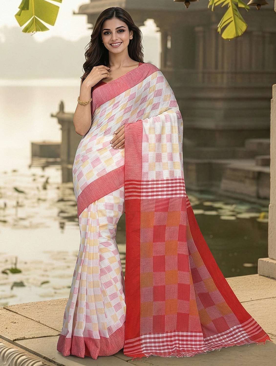 women checkered handloom saree with blouse
