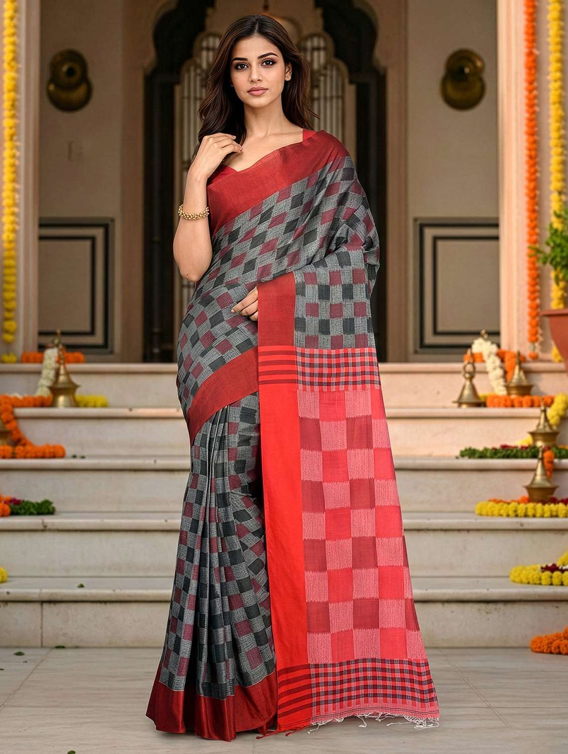 women checkered handloom saree with blouse