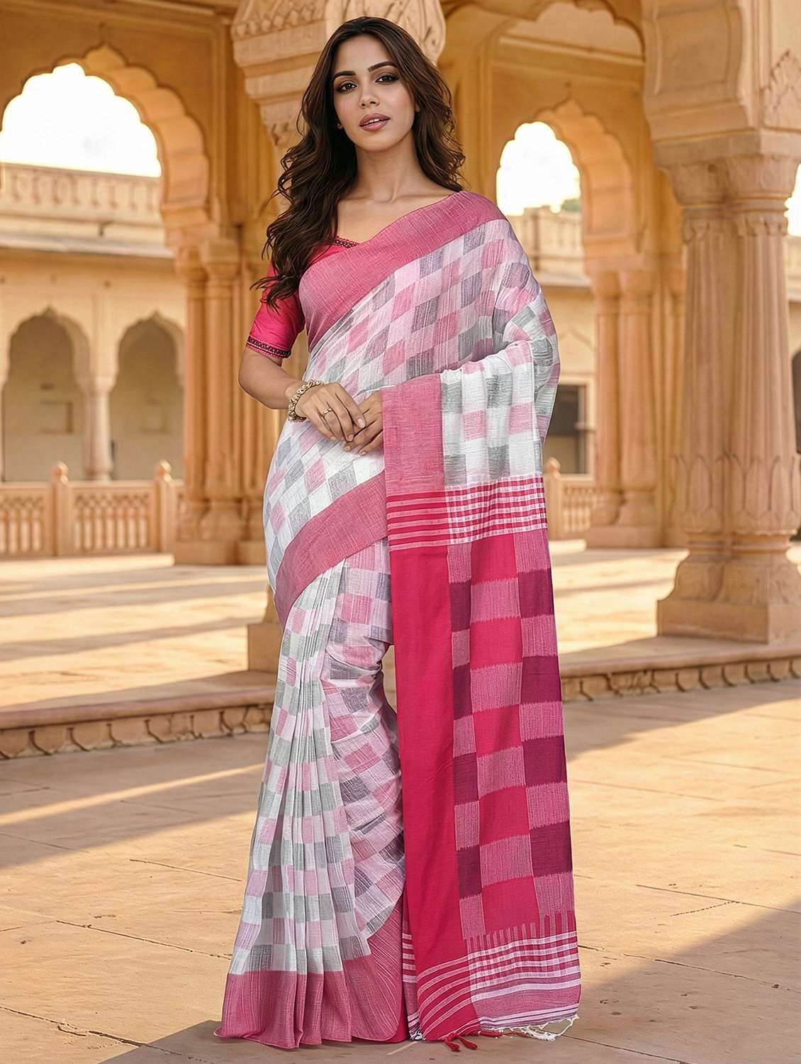 women checkered handloom saree with blouse