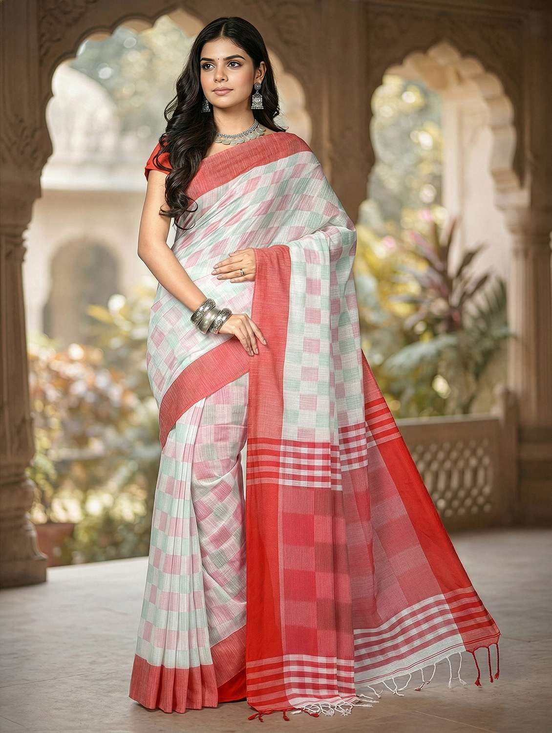 women checkered handloom saree with blouse