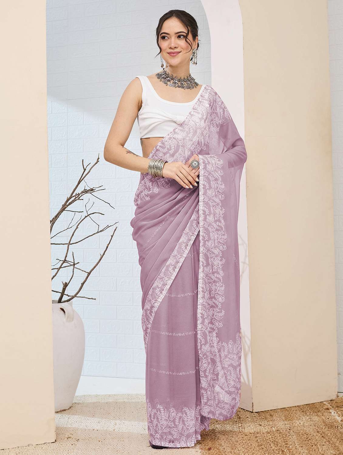 women printed ready to wear saree with blouse