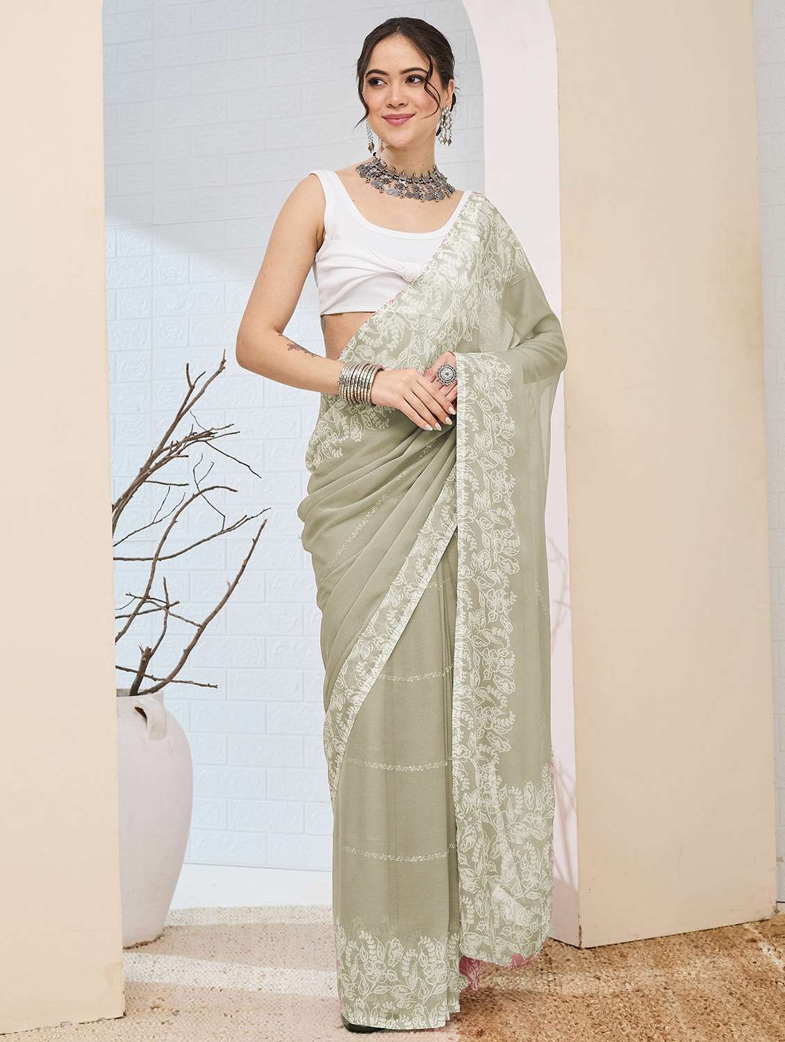 women printed ready to wear saree with blouse