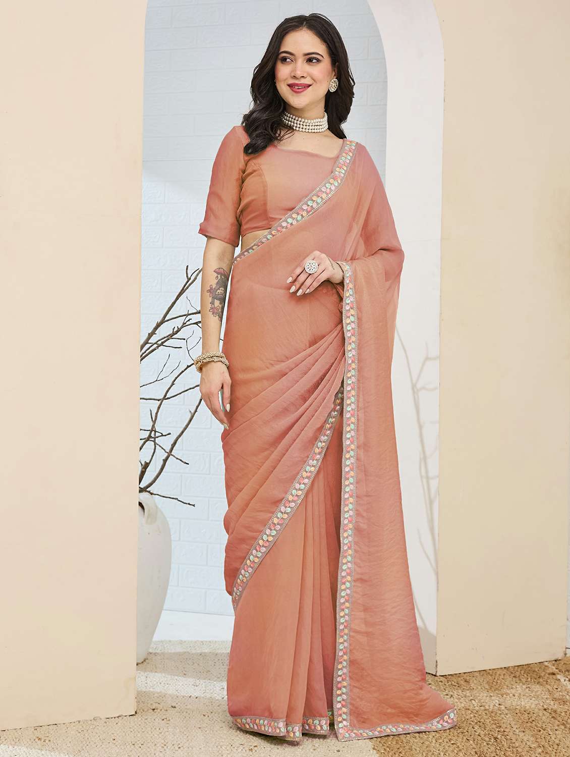 women solid with bordered ready to wear saree with blouse