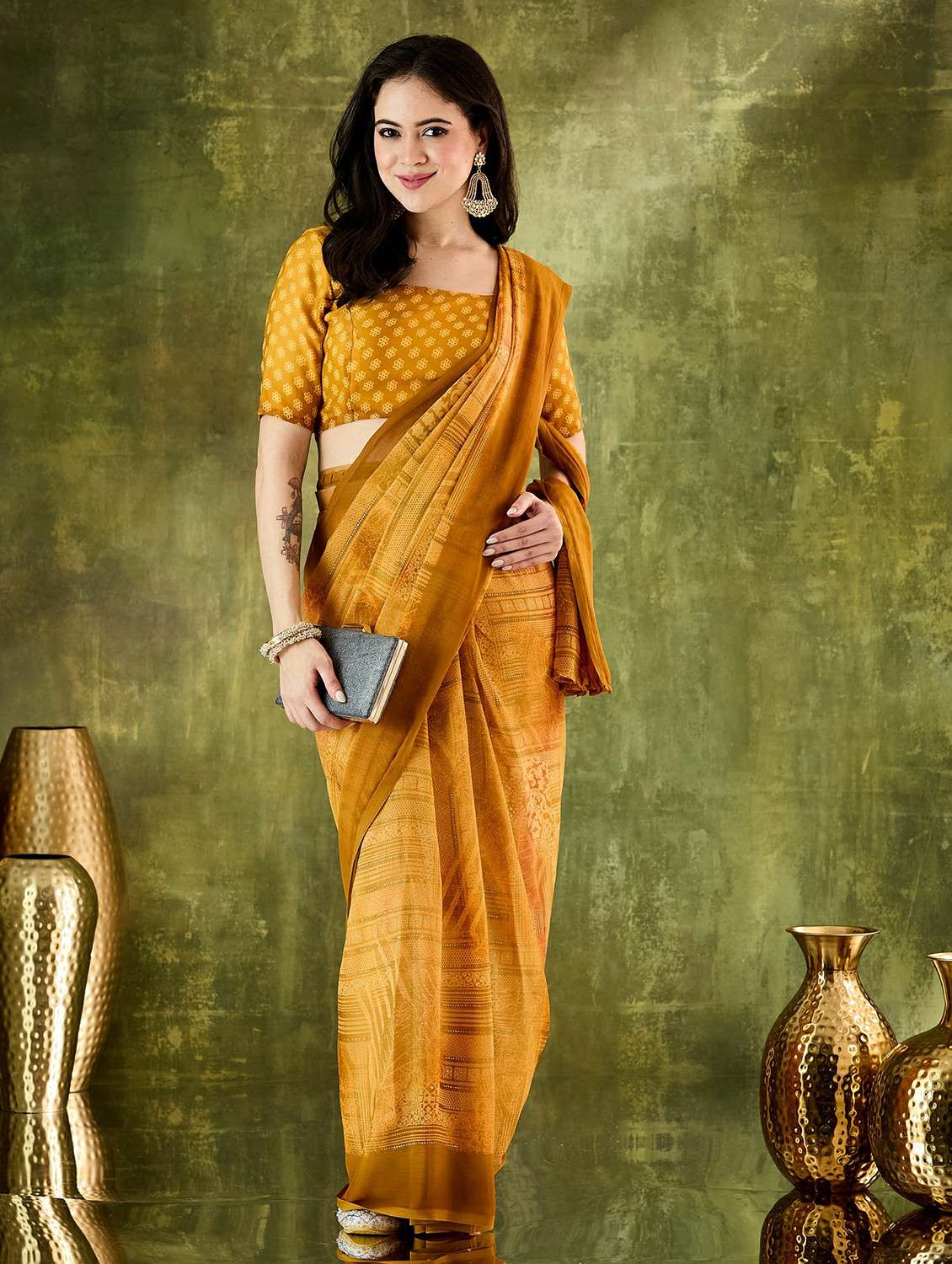 women printed ready to wear saree with blouse
