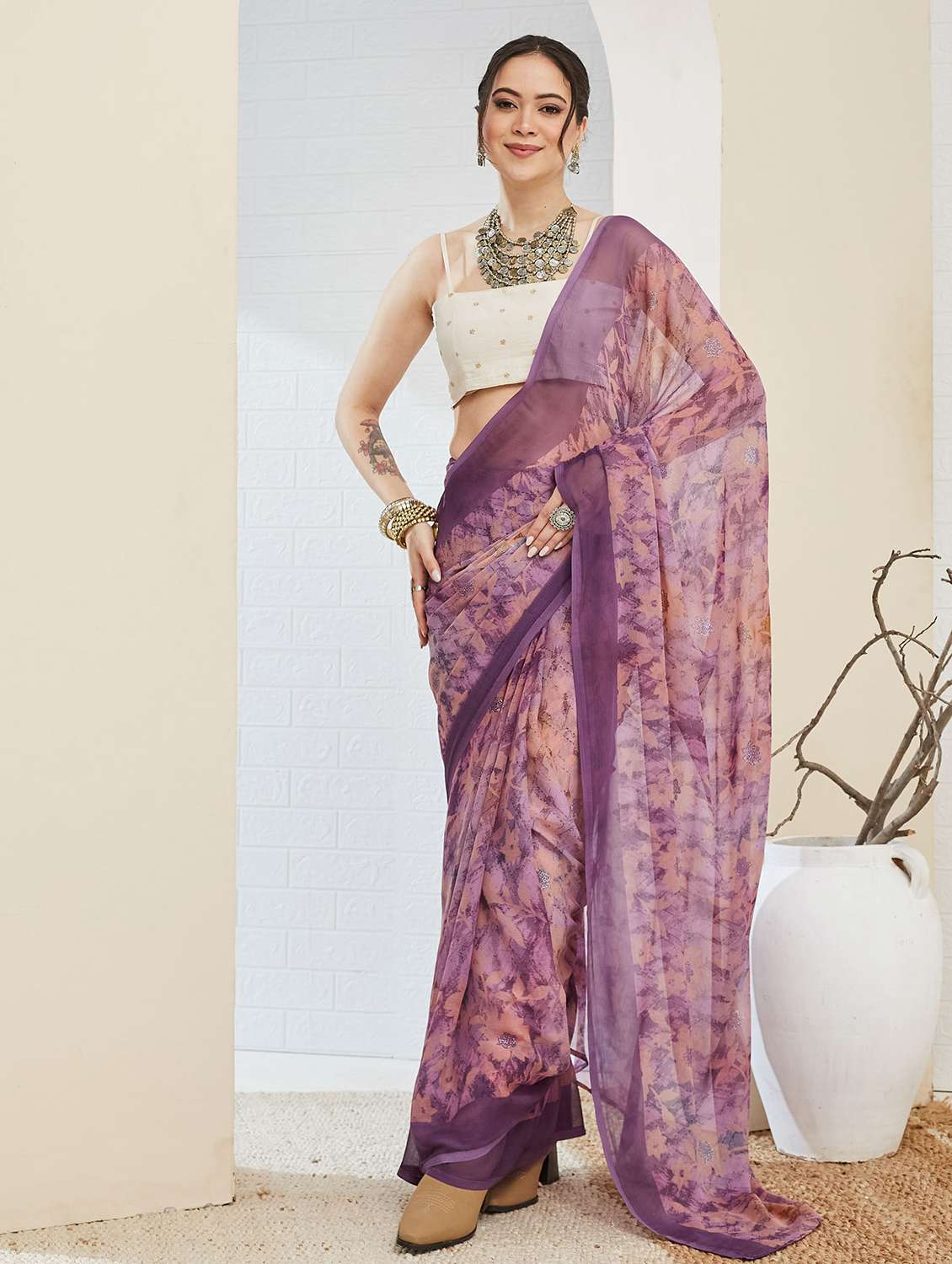 women printed ready to wear saree with blouse