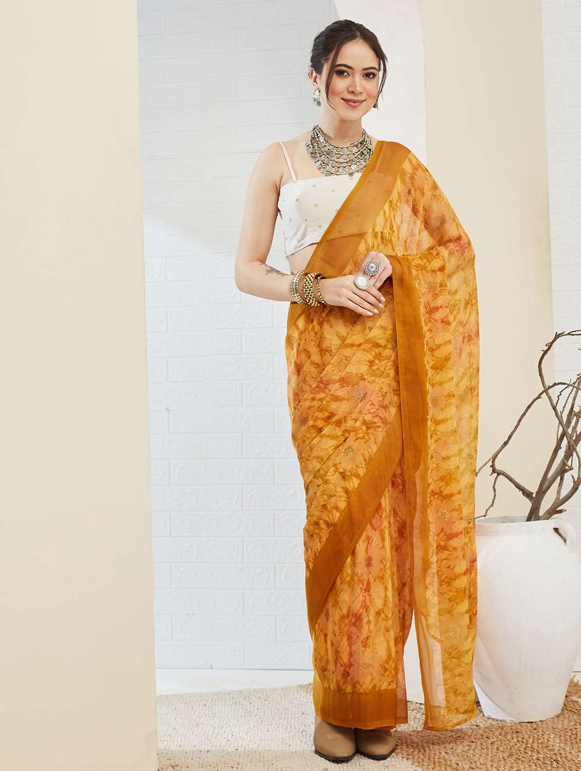 women printed ready to wear saree with blouse