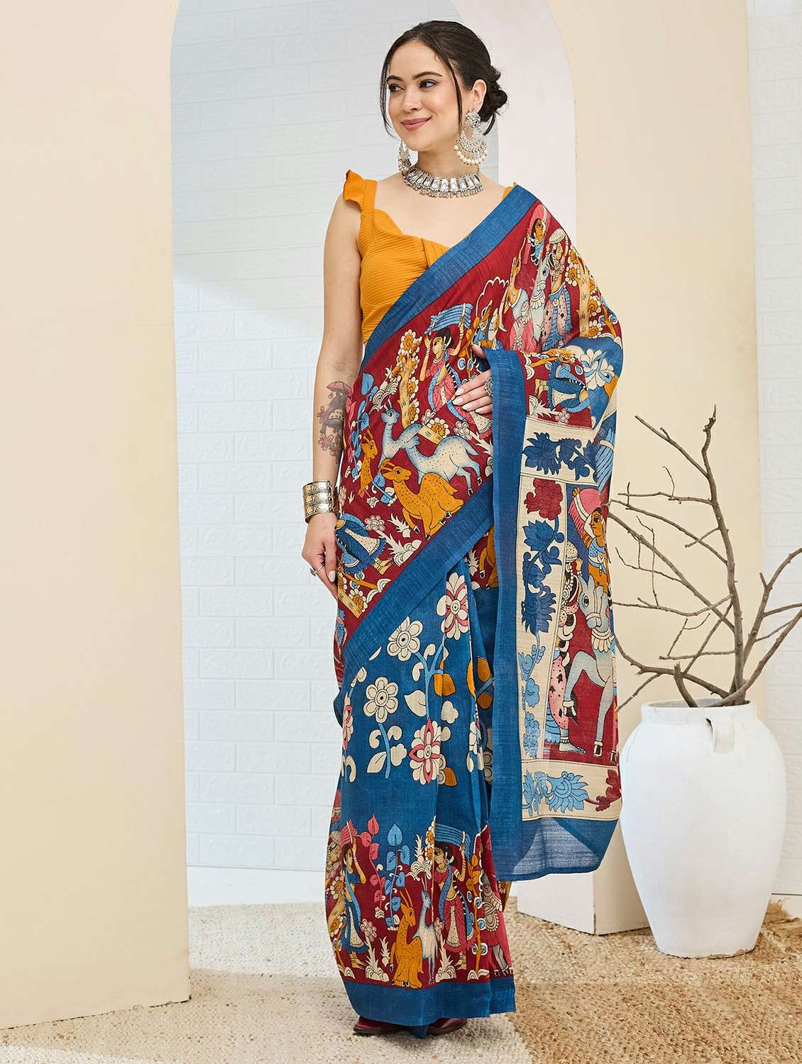 women printed ready to wear saree with blouse