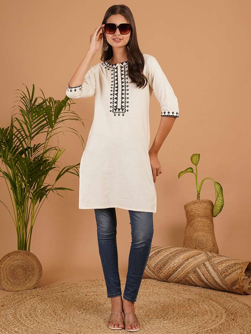 women embroidered three quarter sleeve straight kurti