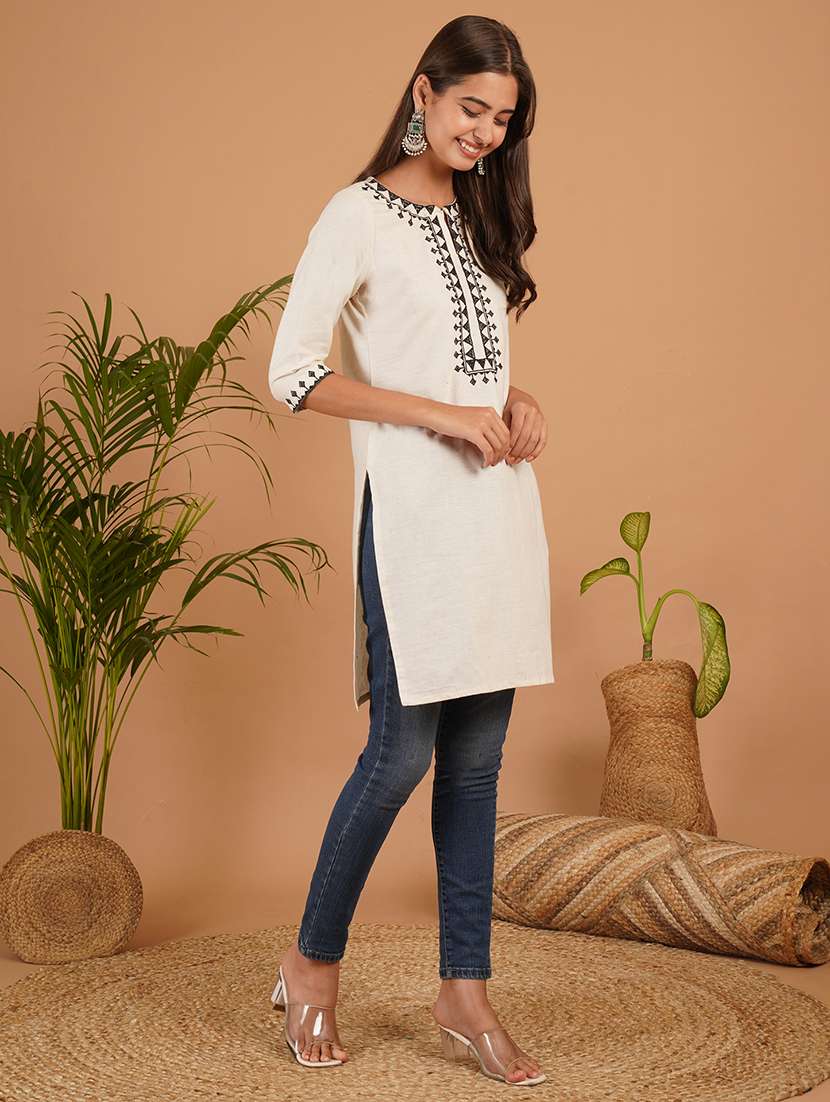 women embroidered three quarter sleeve straight kurti - 22497983 -  Standard Image - 3