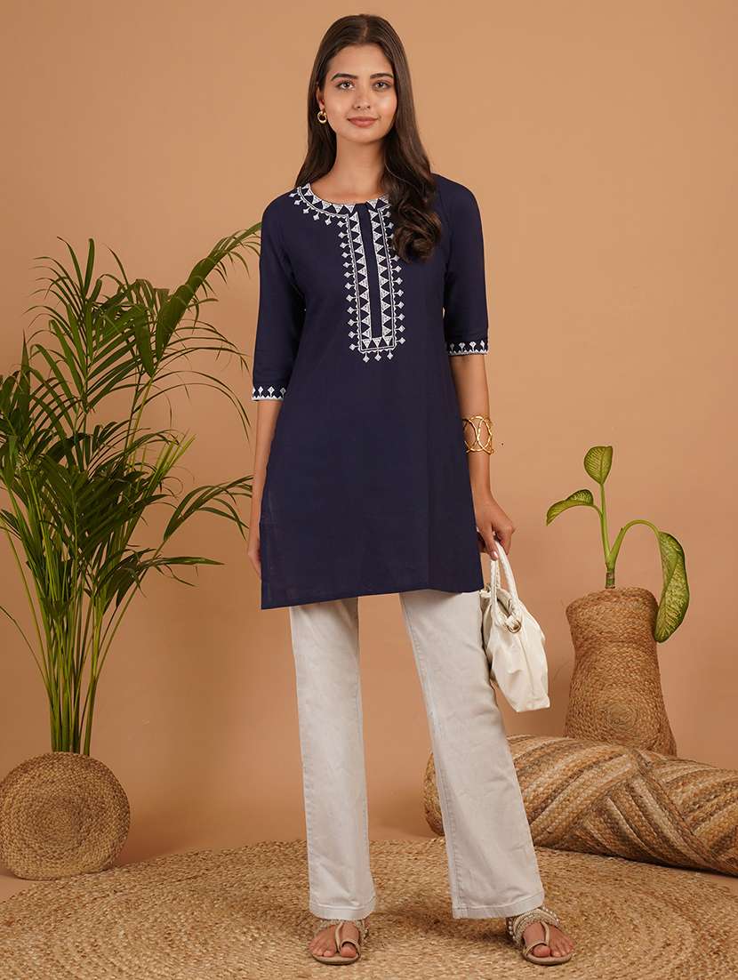 women embroidered three quarter sleeve straight kurti