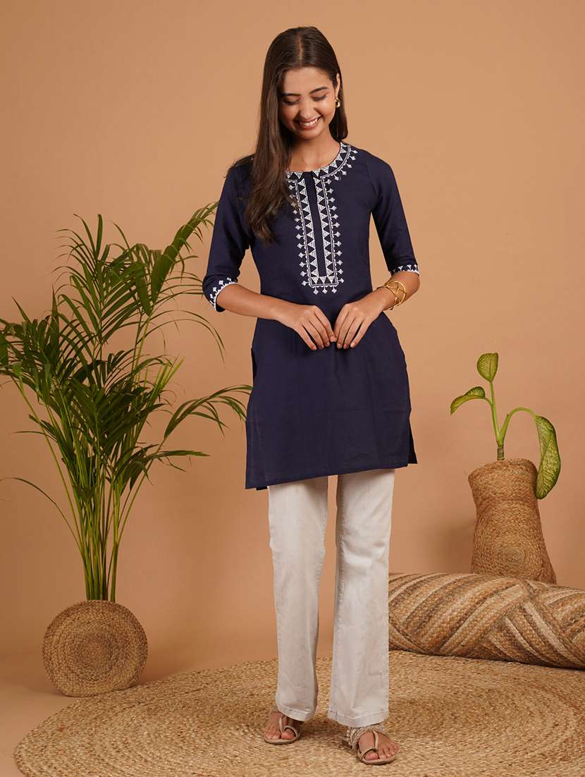women embroidered three quarter sleeve straight kurti - 22497985 -  Standard Image - 3