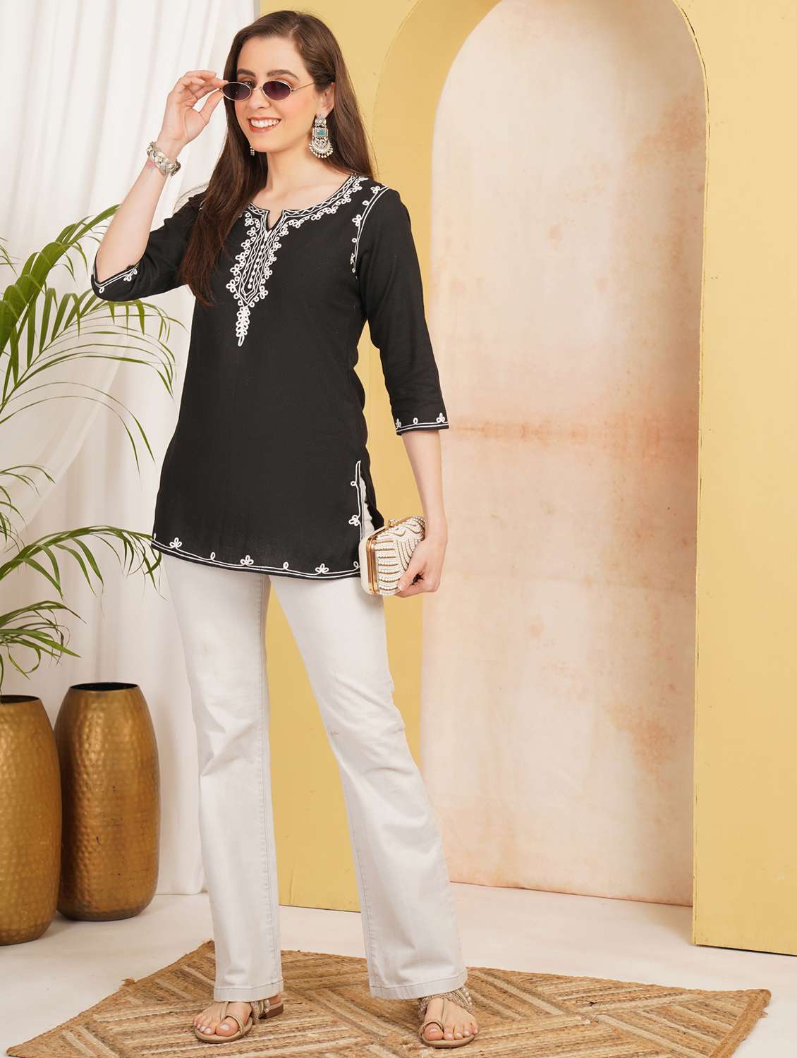 women embroidered three quarter sleeve straight kurti - 22497999 -  Standard Image - 5