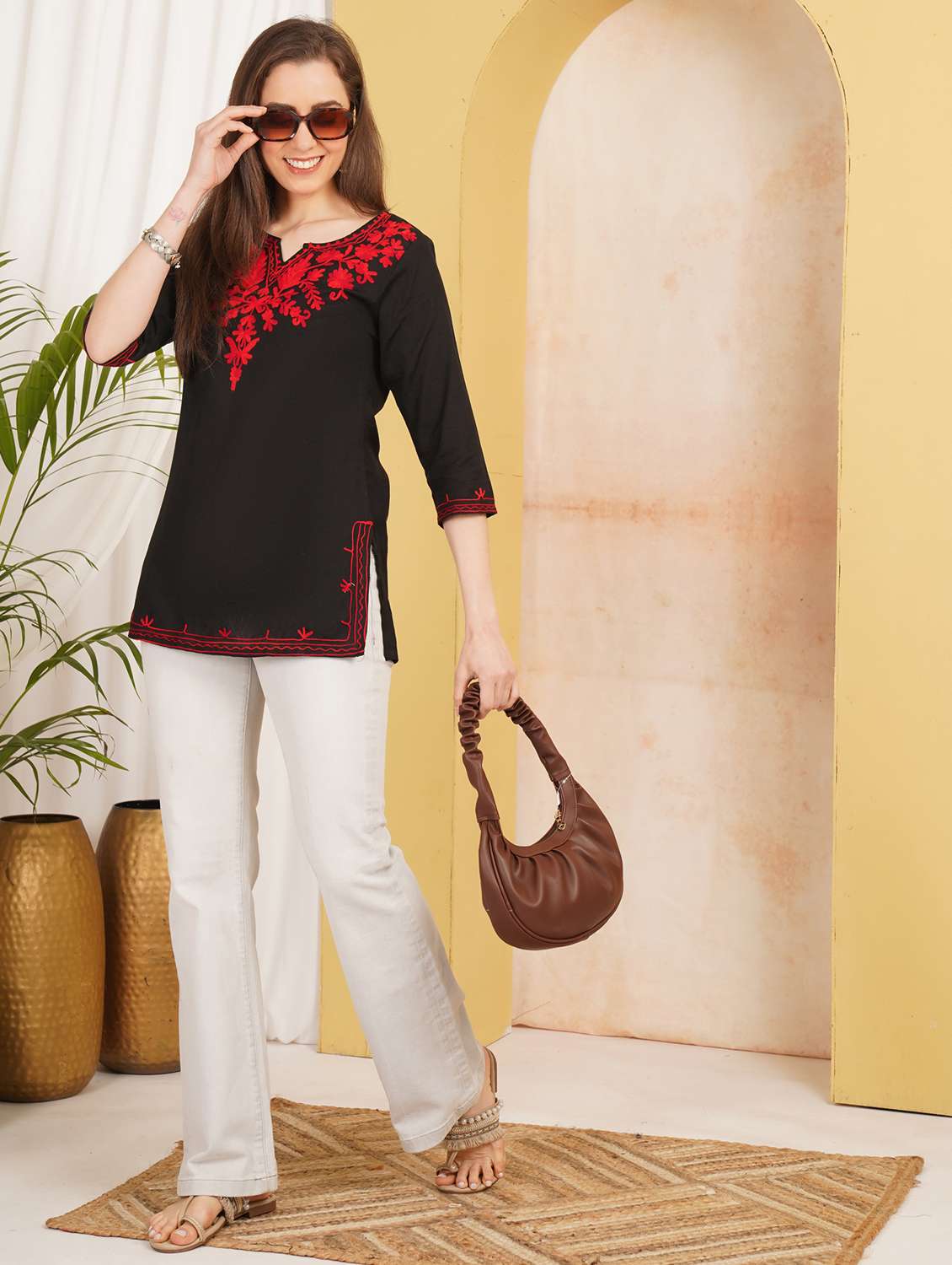 Women Embroidered Three Quarter Sleeve Straight Kurti - 22498008 -  Standard Image - 5