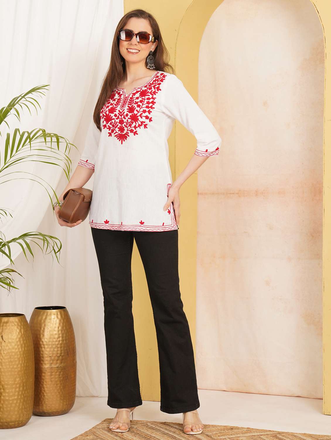 Women Embroidered Three Quarter Sleeve Straight Kurti - 22498009 -  Standard Image - 5