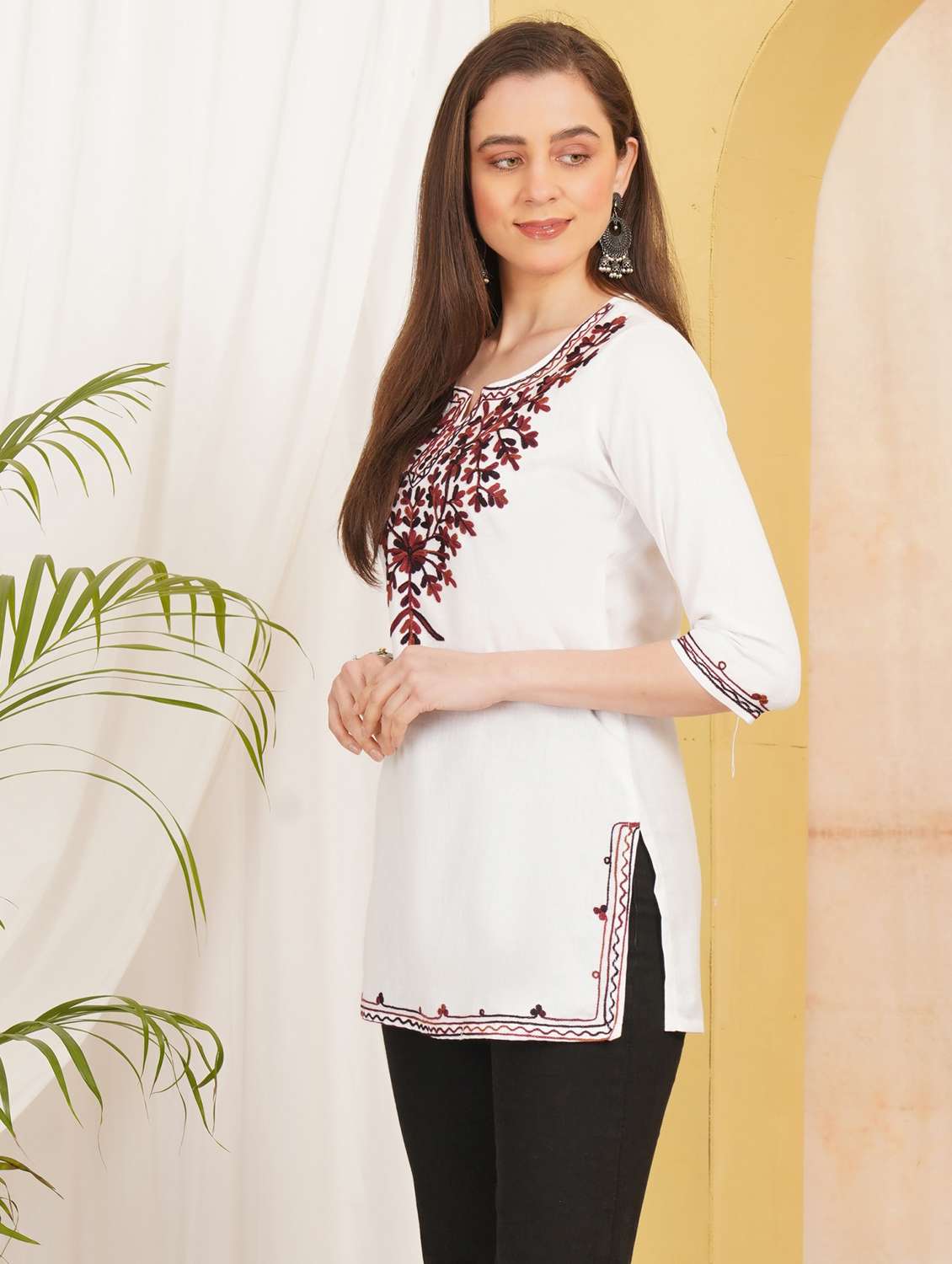 women embroidered three quarter sleeve straight kurti - 22498011 -  Standard Image - 3