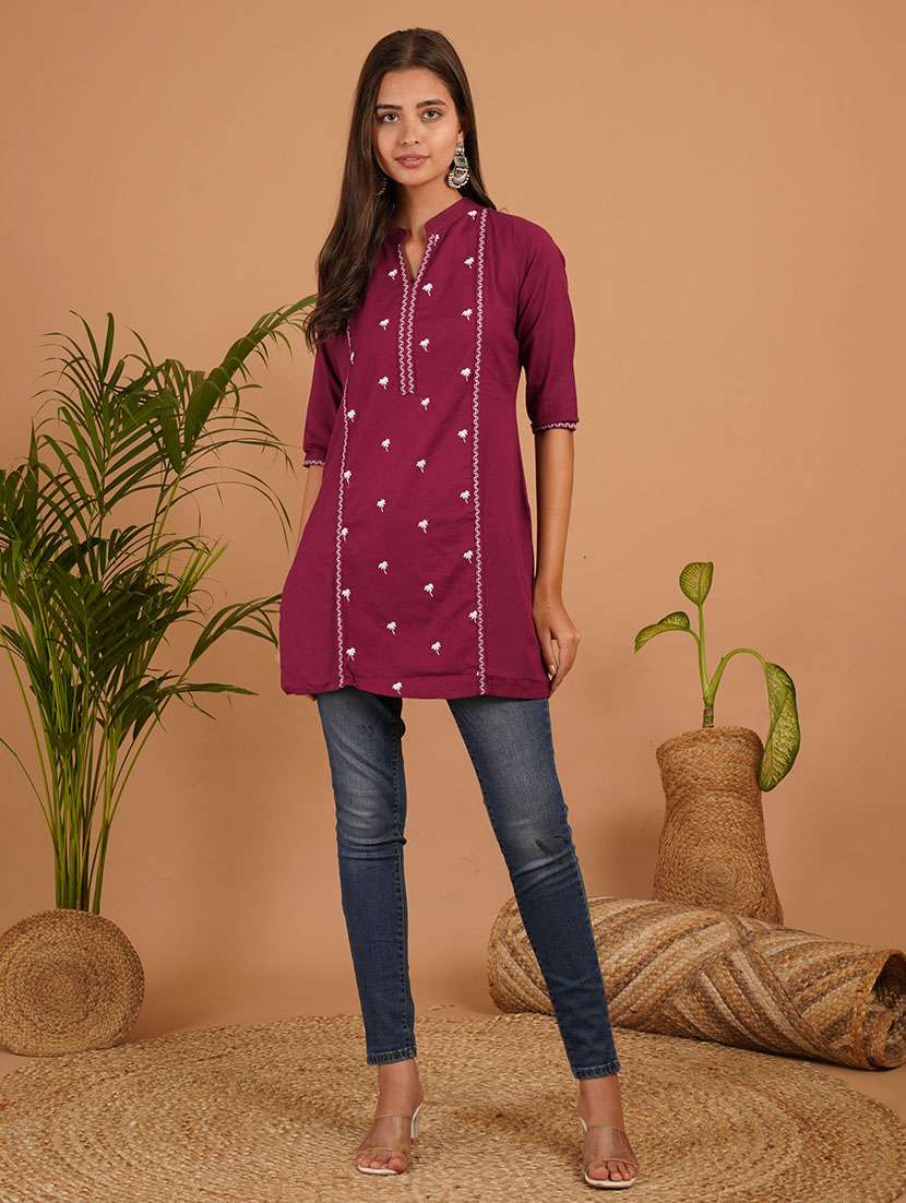 women embroidered three quarter sleeve straight kurti - 22498024 -  Standard Image - 3