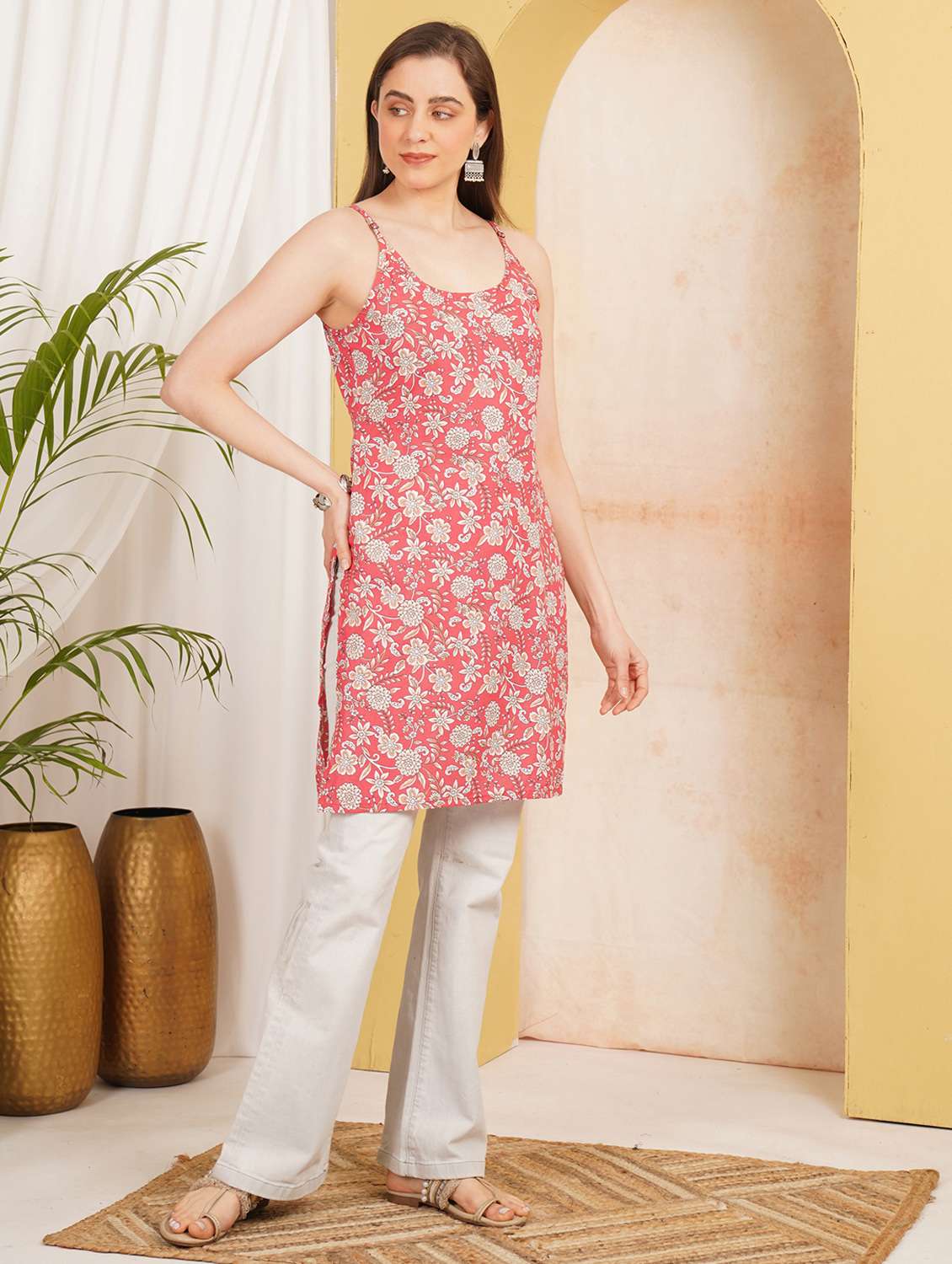 women printed shoulder strap straight kurti - 22498044 -  Standard Image - 5